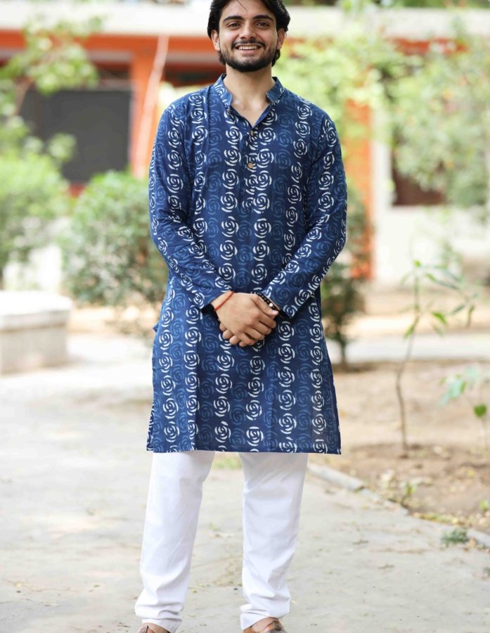Blue Kurta - Rose Hand Block Print