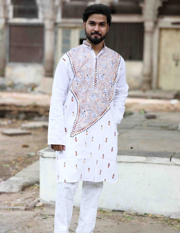Whispering Threads: Ivory Hand-embroidered Kantha Cotton Kurta