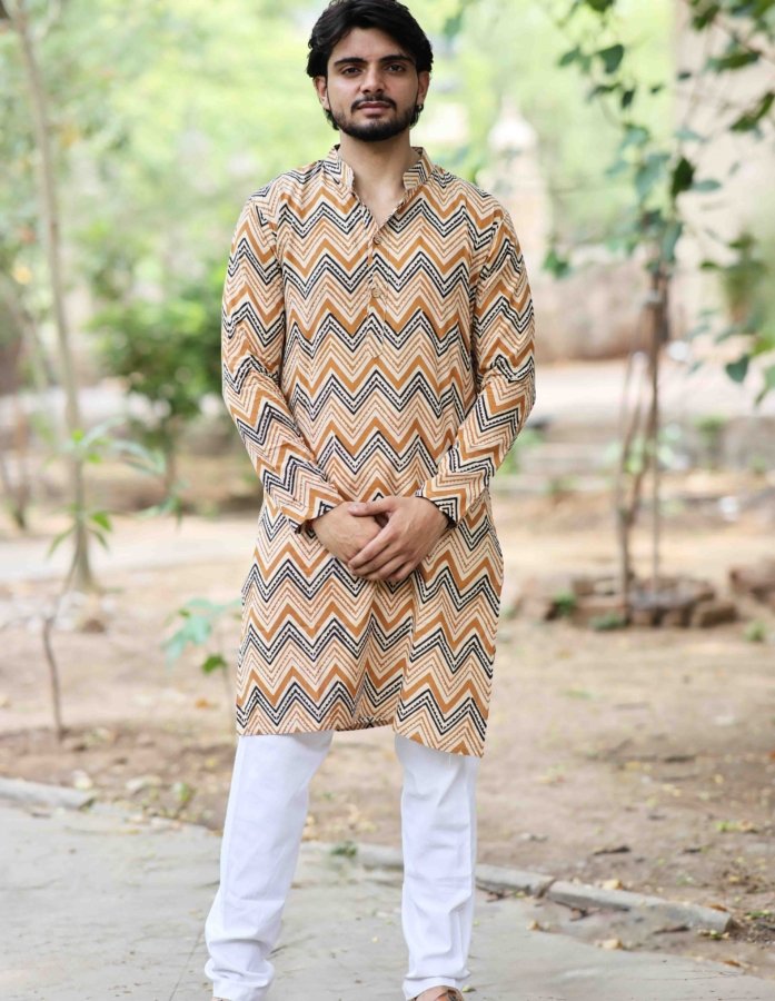 Handcrafted Elegance: Mustard Zig-Zag Cotton Kurta