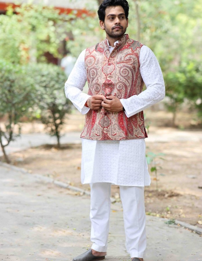 Maroon Kani Weave Men's Half Jacket