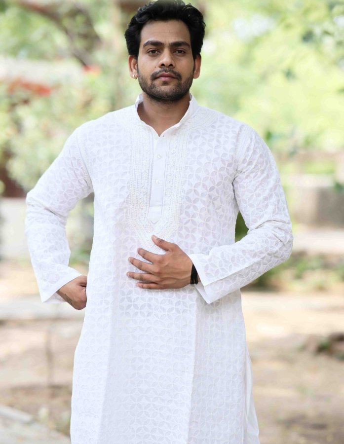 Timeless Tradition: Chikankari Hand Embroidery Men's White Cotton Kurta