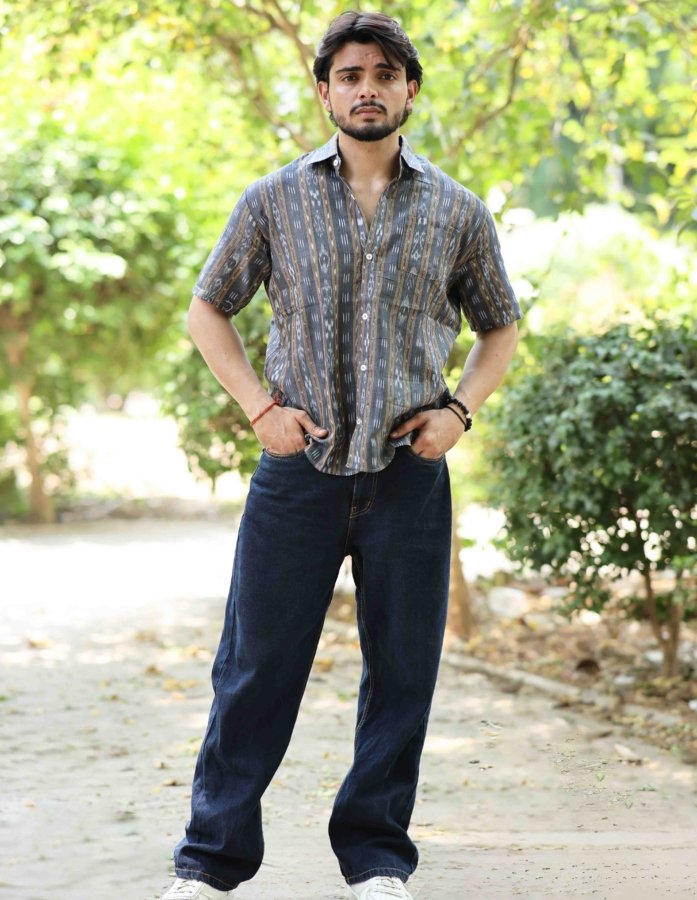 Taupe Grey Ikkat Hand Woven Cotton Shirt