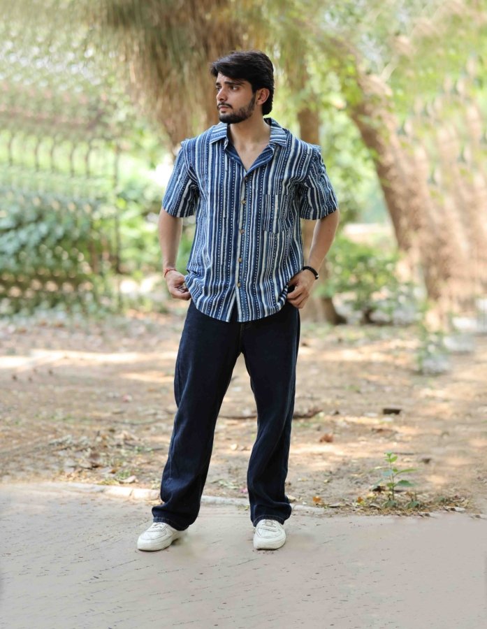Classic Indigo: Hand Block Printed Cotton Half Sleeves Shirt with Ivory Stripes