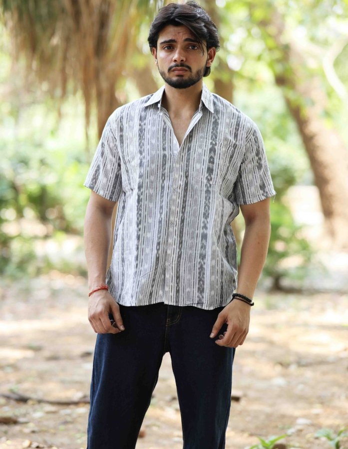Grey Ikkat Hand Woven Cotton Shirt