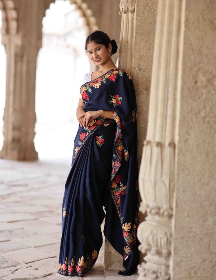 Navy Blue Crepe Kashmiri Hand Embroidery Saree