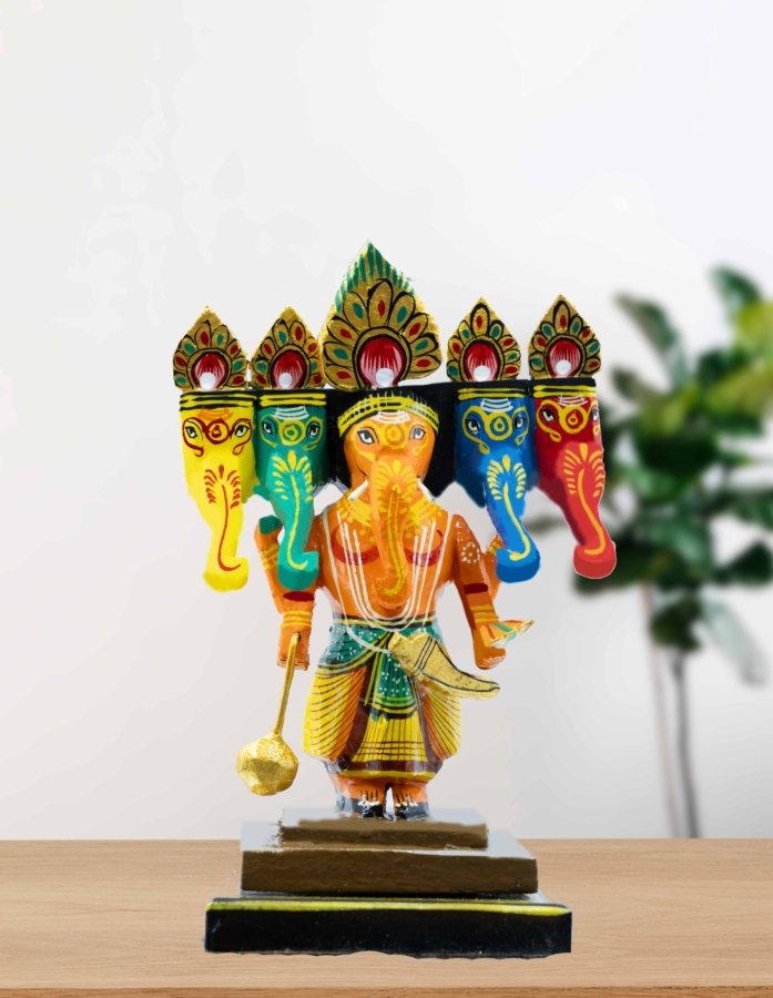 Vibrant Hand-Painted Multi-Coloured Wooden Panchmukhi Ganpati