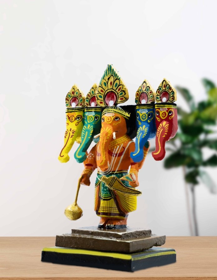Vibrant Hand-Painted Multi-Coloured Wooden Panchmukhi Ganpati - Gallery Image