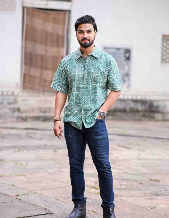Serenity in Stripes: Light Green & Ivory Hand Block Printed Half Sleeves Cotton Shirt
