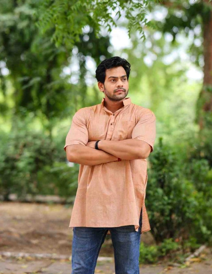 Peach Hand Woven Cotton Half Sleeves Kurta