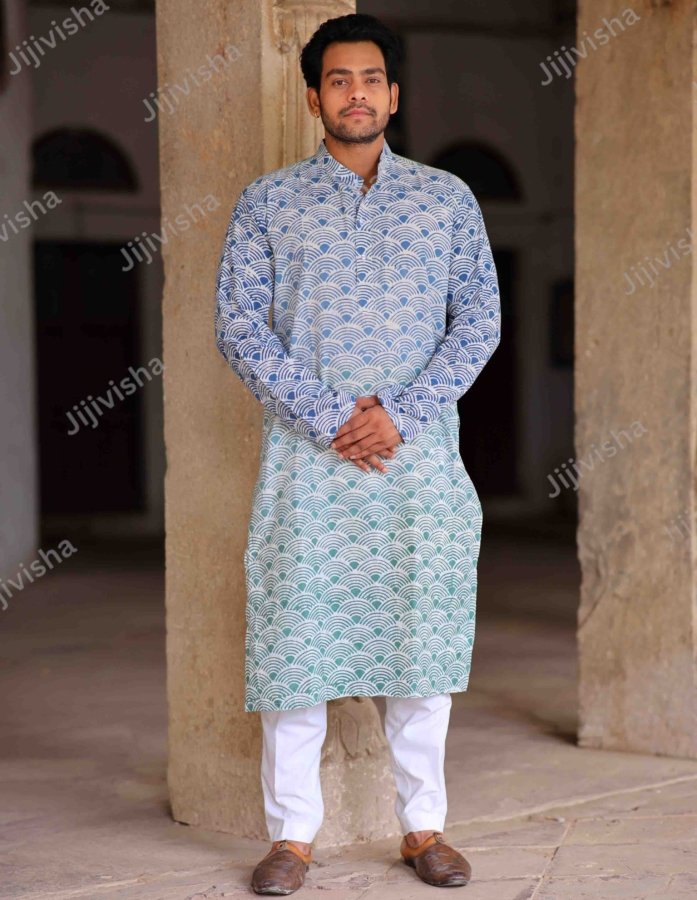 Azure Waves Ivory Block Print Cotton Kurta