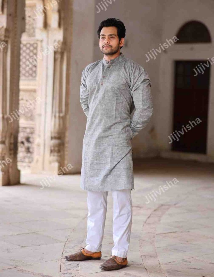 Handcrafted Ash Grey: Superfine Cotton Short Kurta with Chinese Collar