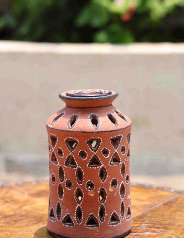Kutch Handcrafted Terracotta Lamp with Geometric Cutouts