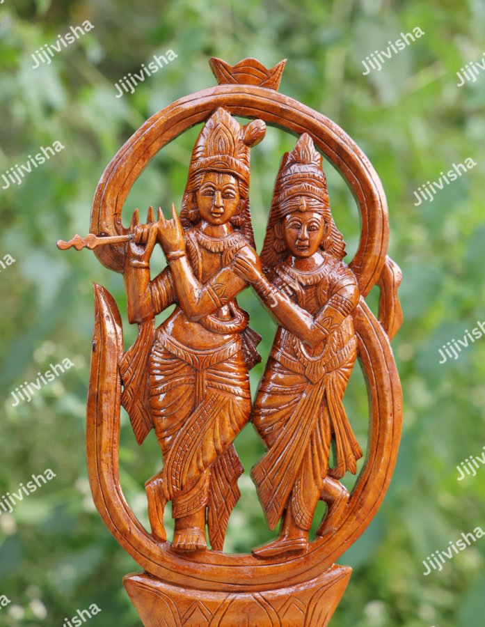 Hand-Carved Radha Krishna Wooden Statue - Traditional Indian Art