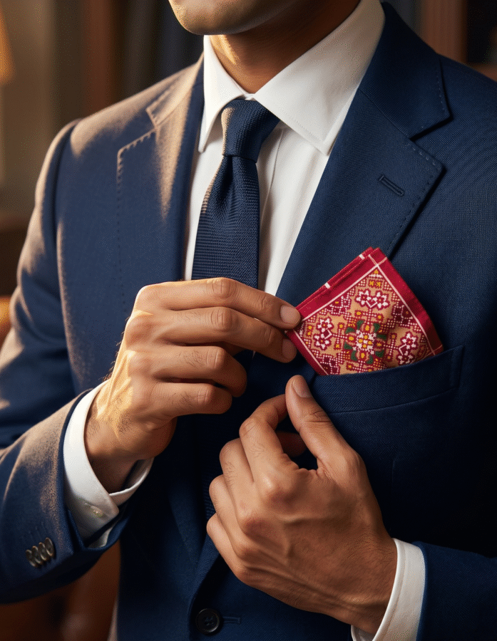 Men's Red And White Patola Handwoven Pocket Square
