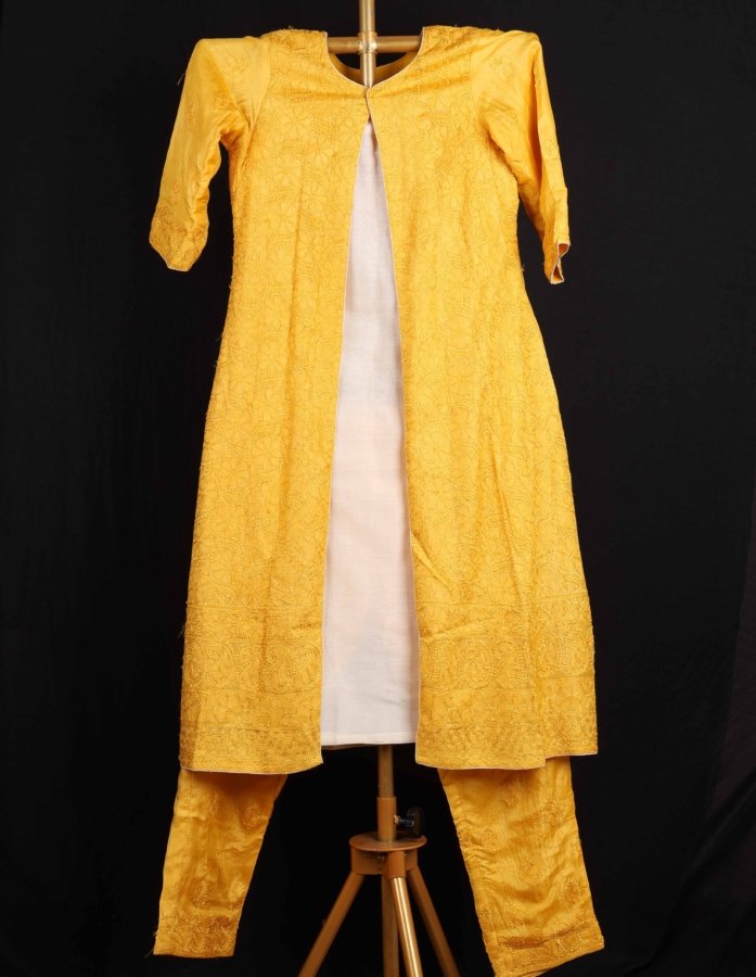Mustard Tussar Silk Jacket With Chikankari Hand Embroidery