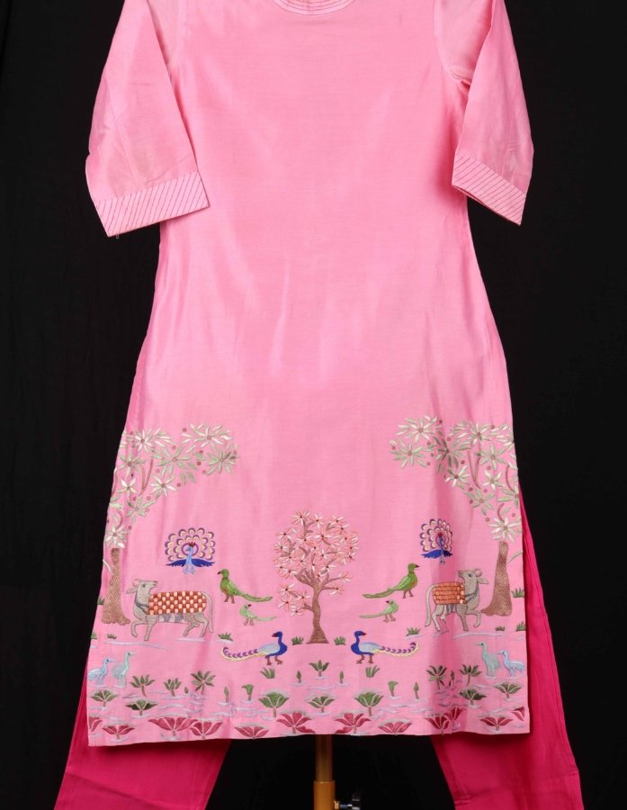Light Pink A-line Chanderi Silk Fabric Kurta Set