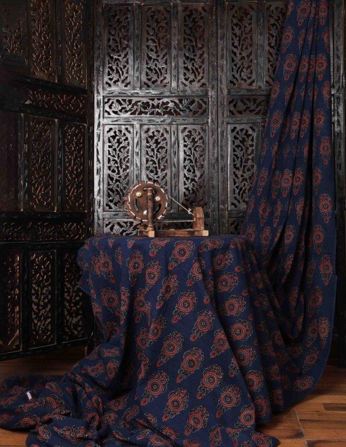 Navy Blue And Red Floral Ajrakh Block Print Cotton Fabric