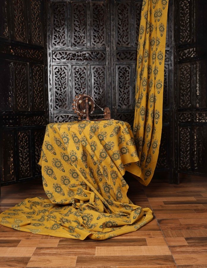 Ochre Yellow And Blue Floral Print Cotton Fabric