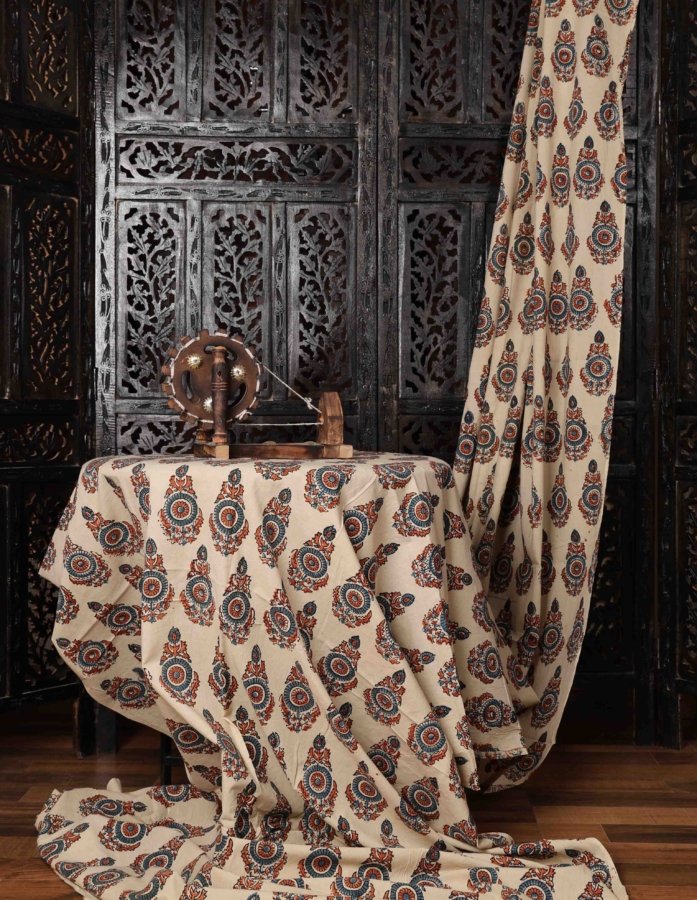 White And Blue Floral Ajrakh Print Cotton Fabric - Gallery Image