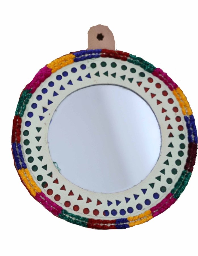 Kutchi  Round Mirror Keychain with Leather Border