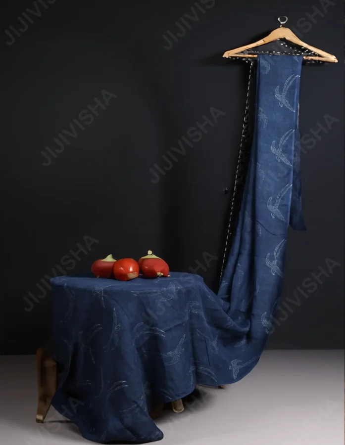 Drongo Sky Ajrakh Hand Block Printed Indigo Linen Fabric