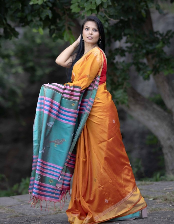 Mystical Hues: Sea Green and Orange Bishnupuri Pure Silk Kalakshetra Saree