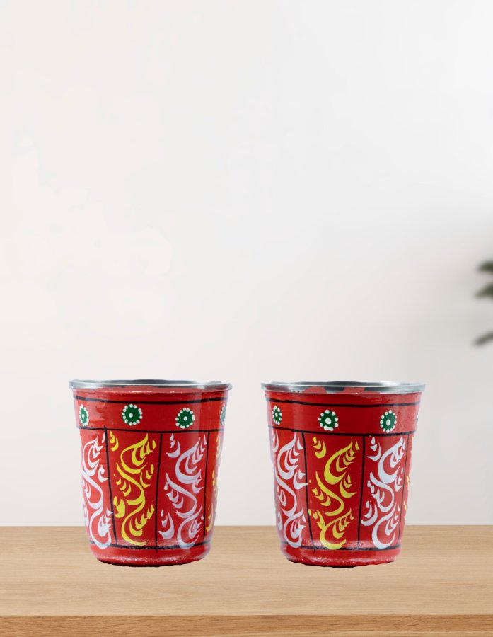 Pair of Red Stainless-Steel Glasses With Hand-Painted Accents