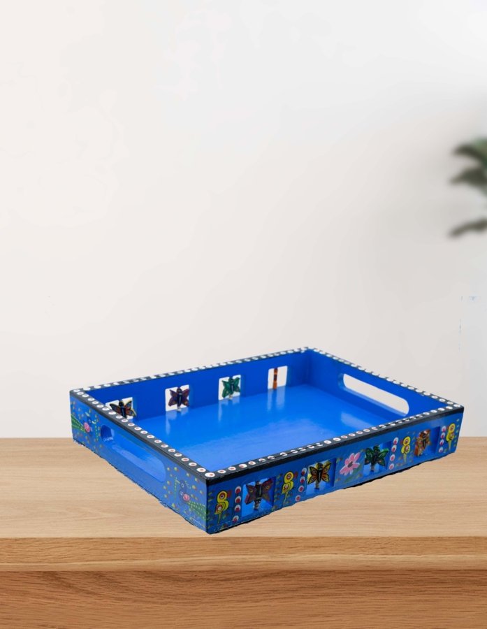 Hand-Painted Blue Wooden Serving Tray with Elegant Design
