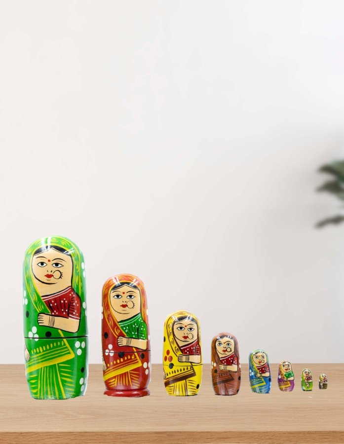 Hand-Painted Wooden Nesting Doll Set of 9 – Vibrant Multi-Color Design