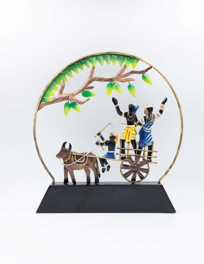Indian Village Scene Sculpture – Decorative Bullock Cart Tabletop Art