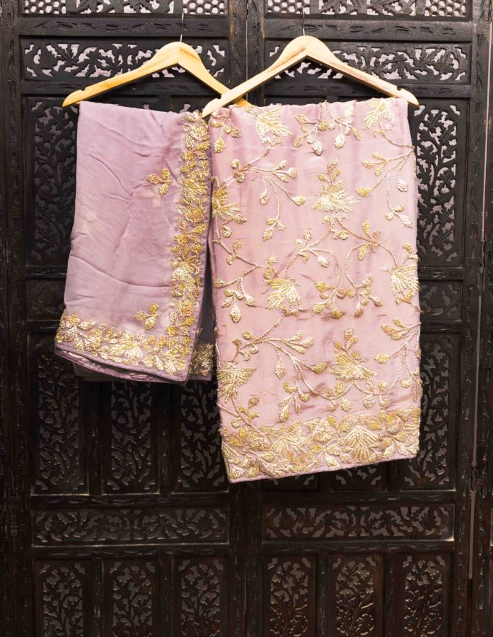 Mauve Colour Georgette Dress Material With Gota Patti Hand Work(set of 3)
