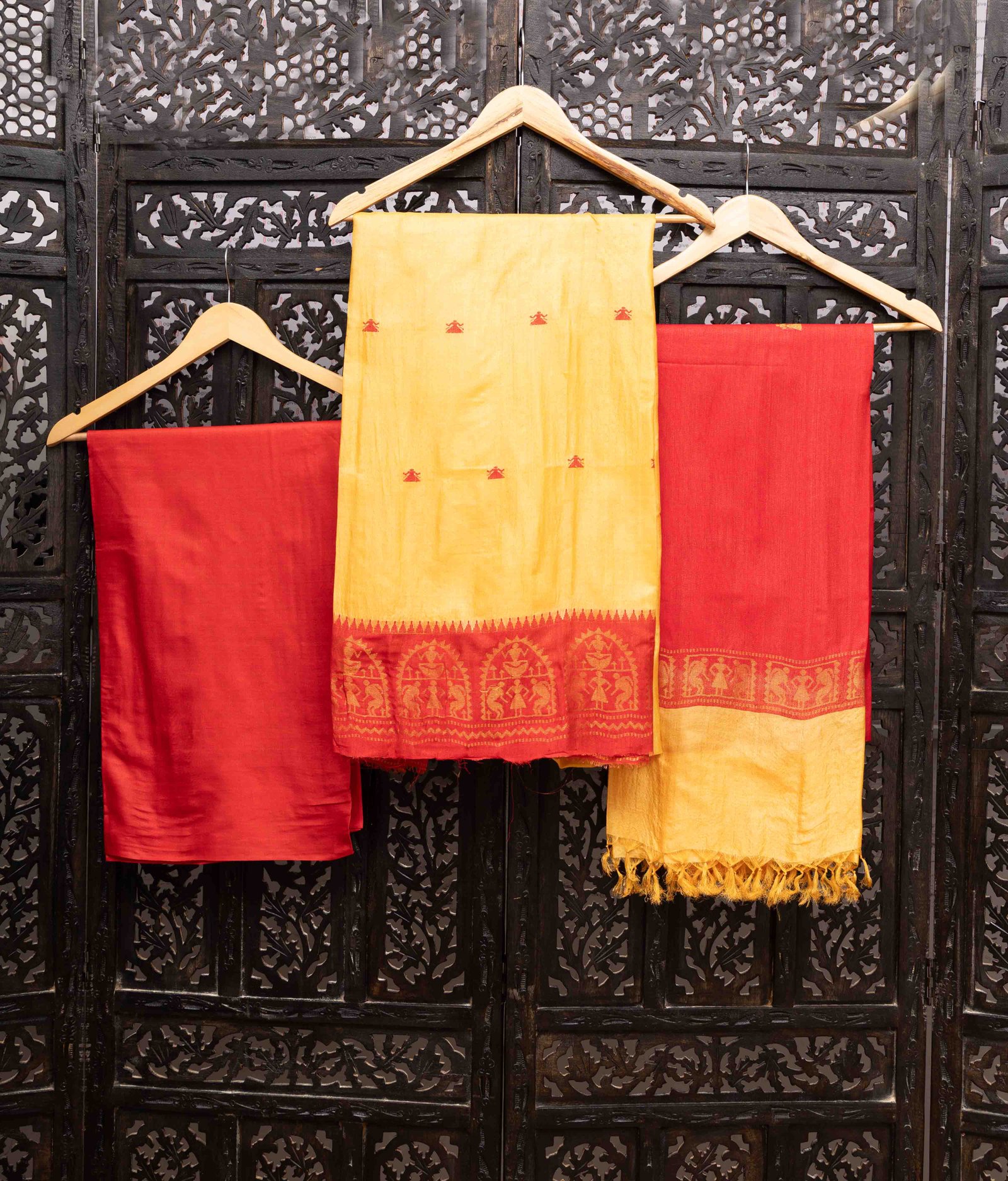 Yellow And Coral Hand Woven Kosa Silk Fabric