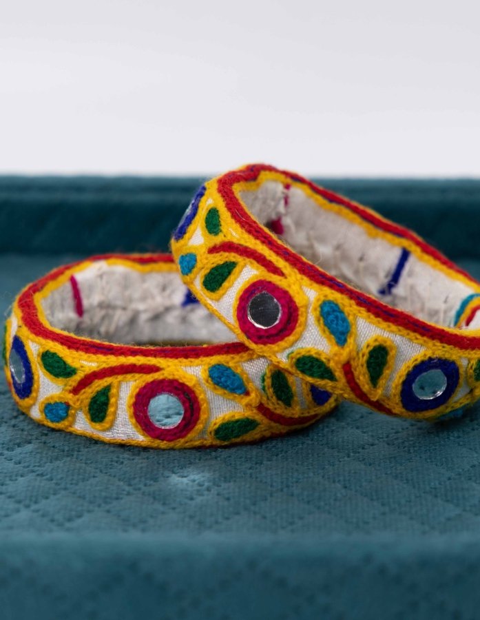 Handcrafted Mirror Embellished Yellow Kutch Embroidery Bangles