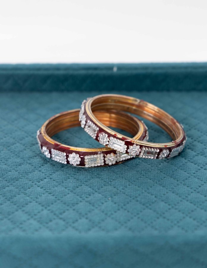Maroon and Silver Laakh Bangles with Floral Accents