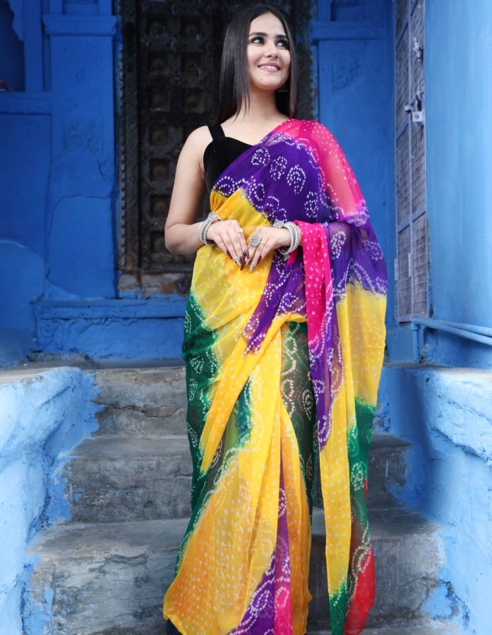Radiant Rainbow Bandhej Georgette Saree!