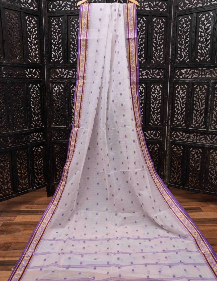 White Tant Saree With Purple Motifs