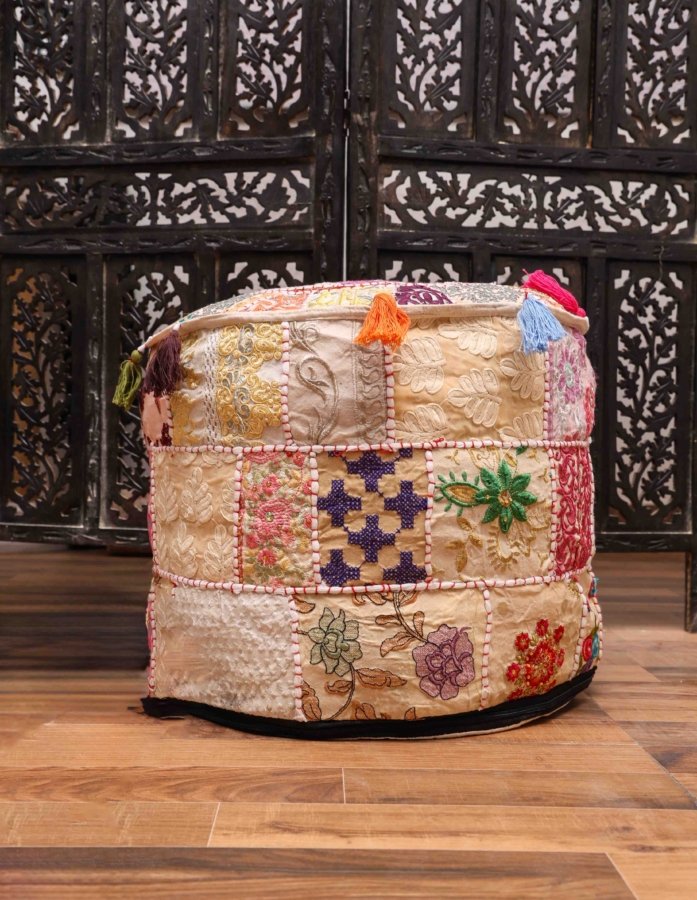 A handmade Ivory coloured Pouf With embroidery perfect for living room