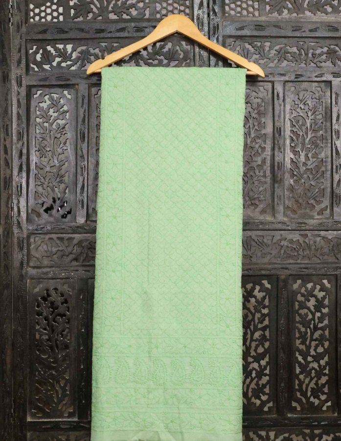 Hand Embroidered Chikankari Dress Material ln Soft Tea Green Cotton Fabric