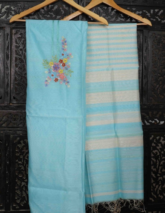 Elegant 3-Piece Blue Kurta Set In Chanderi Fabric