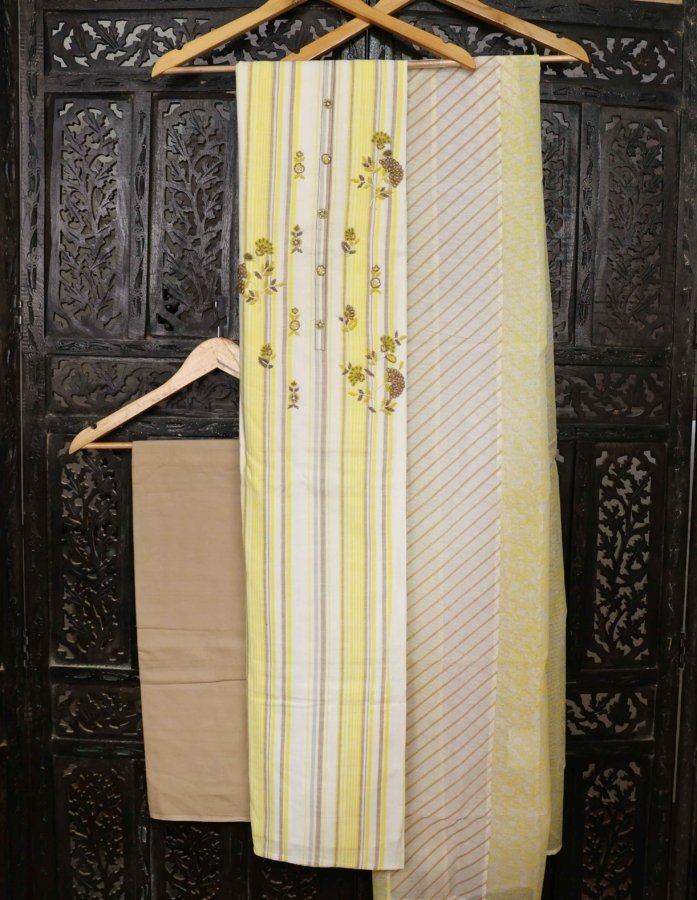 Pastel Yellow Cotton Dress Material With Beaded Hand Embroidery