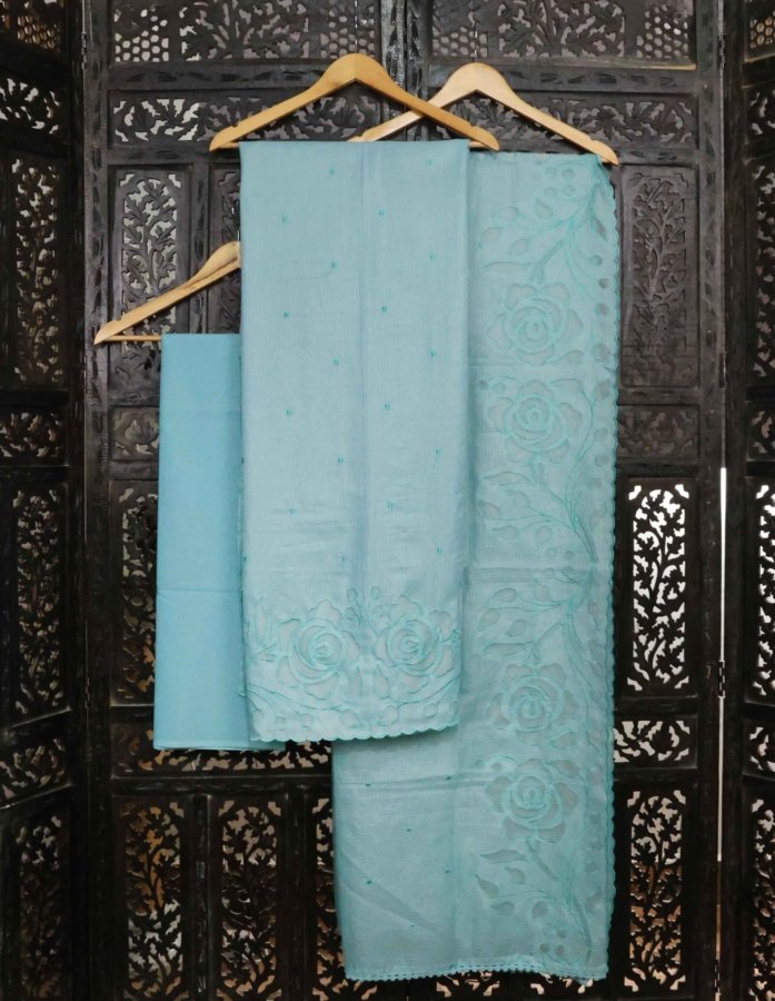 Hand Embroidered Sophisticated Ice Blue Dress Material In Organza