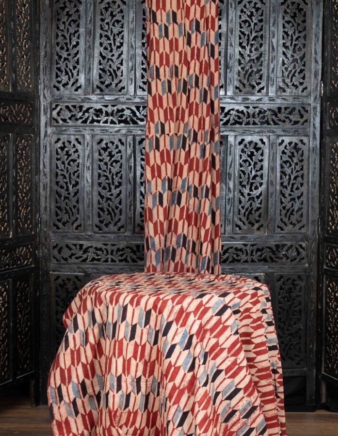 Red, Blue, and Beige Geometric Shapes Ajrakh Hand Block Printed Fabric