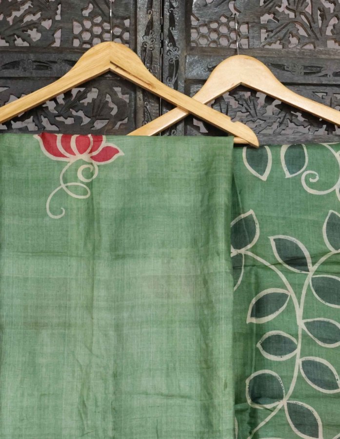 Stunning Green Silk Kurta & Dupatta Set With Hand Batik Print - Gallery Image