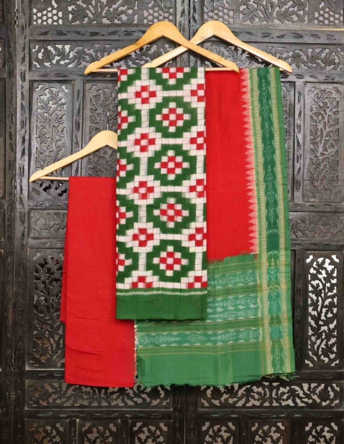 Sambhalpuri Cotton Red And Green Dress Material
