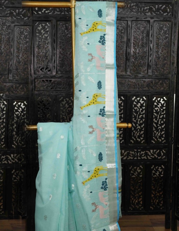 Handwoven Kota Silk Saree In Serene Ice Blue Colour With Real Zari