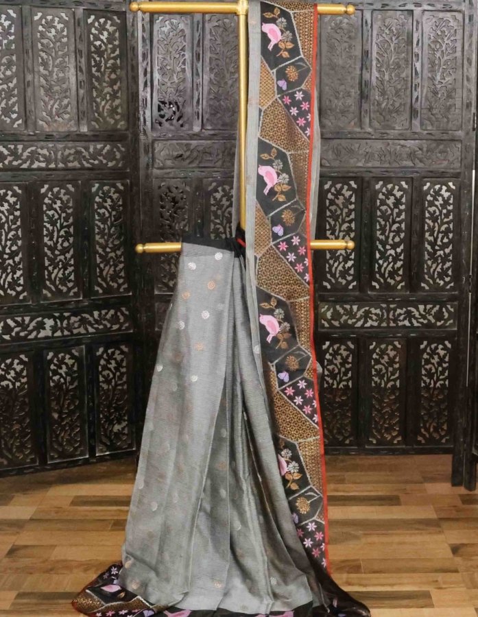 Grey Kota Cotton Saree With Real Gold And Silver Zari