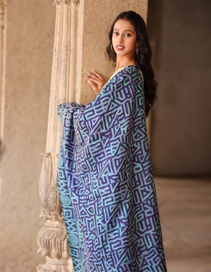 Sophisticated Blue Silk Reversible Stole With a Striking Geometrical Print