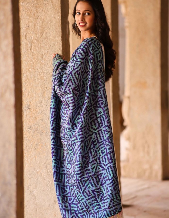 Sophisticated Blue Silk Reversible Stole With a Striking Geometrical Print - Gallery Image