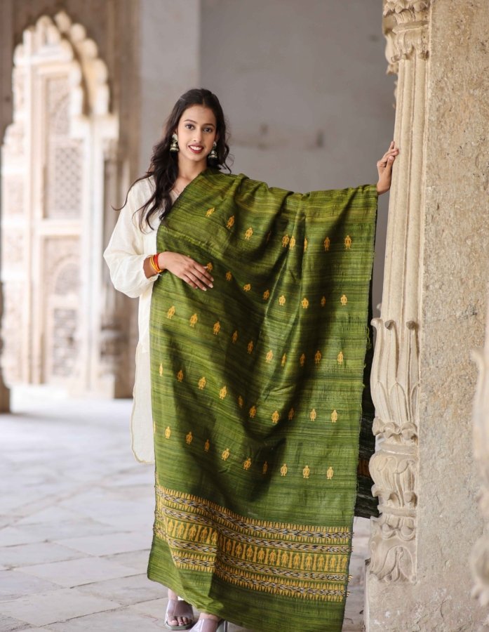 Bottle Green Hand Woven Kosa Silk Dupatta With Yellow Tribal Motifs