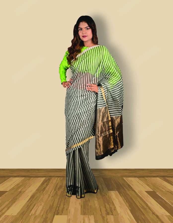 Buy Chanderi Silk Saree with Black and White Stripes Online